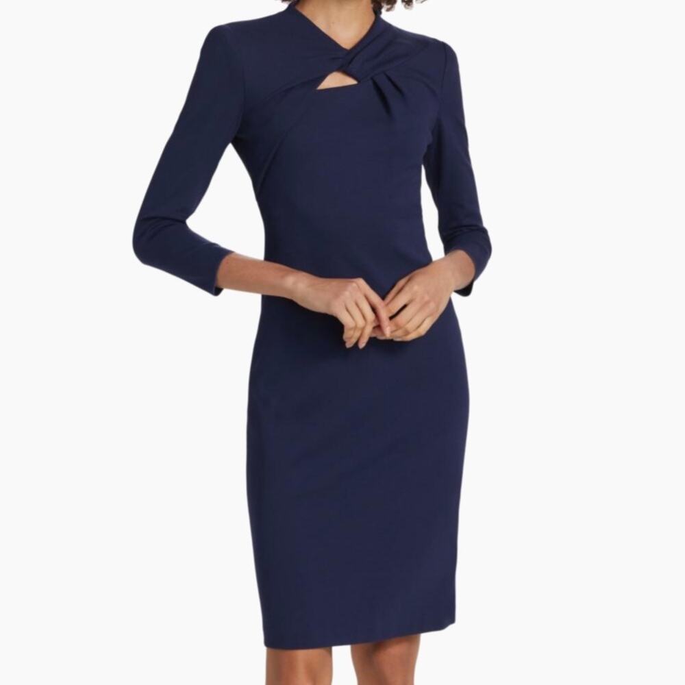 Giorgio Armani Milano Twist-Front Jersey Dress Navy Blue 3/4 Sleeves Back Zip 48